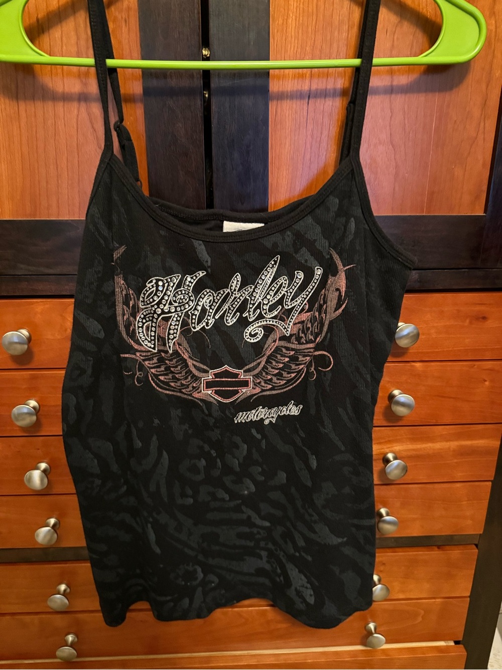 Eagle WearHarley-Davidson Black Camisole with Rhinestone Script and Wing Graphic